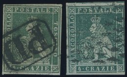 1853, 4 Cr. Grün Und Blaugrün, Graublaues Papier, 2 Vollrandige Prachtwerte, Mi. 200.- -> Automatically Generated Transl - Toscana
