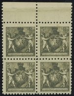 LIECHTENSTEIN 48A **, 1921, 5 Rp. Schwarzbräunlicholiv, Gezähnt L 91/2, In Oberrandviererblocks, Pracht, Mi. 1120.- - Sonstige & Ohne Zuordnung