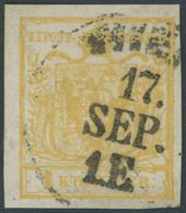 1850, 1 Kr. Gelb, Handpapier, K1 WIEN, Breitrandiges Kabinettstück -> Automatically Generated Translation: 1850, 1 Kr. Y - Used Stamps