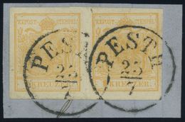 1850, 1 Kr. Orange, Handpapier, Type III, Im Waagerechten Paar, Allseits Breitrandig Mit K1 PESTH, Kabinettbriefstück, G - Oblitérés