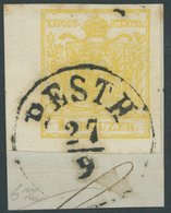 1854, 1 Kr. Gelb, Maschinenpapier, Type III, Breitrandig Mit Linkem Bogenrand (6 Mm), K1 PESTH, Prachtbriefstück, Gepr.  - Oblitérés