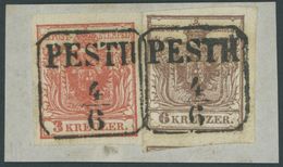 1850, 3 Kr. Rot, Geripptes Papier, Mit 6 Kr. Braun Auf Briefstück Mit Zentrischem Achtkantigen Rahmenstempel PESTH, Kabi - Gebruikt