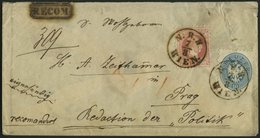 ÖSTERREICH 33,37I BRIEF, Mischfrankatur: 1867, 10 Kr. Blau Und 5 Kr. Rot, Grober Druck, Auf Kleinem Reco-Brief Mit K1 N. - Gebraucht