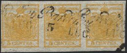 LOMBARDEI UND VENETIEN 1Xa O, 1850, 5 C. Ockergelb, Handpapier, Im Waagerechten Dreierstreifen, L2 BARDOLINA, Pracht - Lombardo-Venetien