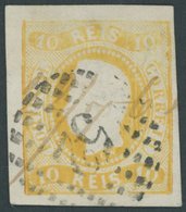 PORTUGAL 18 O, 1866, 10 R. Gelb, Nummernstempel 32 Und Federzug, Pracht, Mi. 200.- - Oblitérés