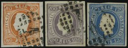 PORTUGAL 22-24 O, 1866/7, 80 - 120 R. Wertbänder In Geschweifter Form, Ungezähnt, 3 Prachtwerte, Mi. 340.- - Usati