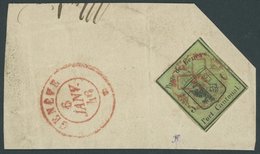 GENF 3 BrfStk, 1845, 5 C. Schwarz Auf Lebhaftgelboliv Kleiner Adler Mit Roter Rosette Auf Großem Briefstück, Dreiseitig  - 1843-1852 Timbres Cantonaux Et  Fédéraux