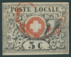 SCHWEIZ BUNDESPOST 2 O, 1850, 5 C. Schwarz/rot, Sog. Waadt, Rote Rosette, Diverse Mängel, Nicht Repariert, Befund Nussba - Otros & Sin Clasificación