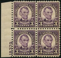USA 264C VB **,* , Scott 584, 1925, 3 C. Lincoln, Gezähnt L 10, Im Plattenviererblock, Die Beiden Unteren Werte Postfris - Used Stamps