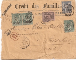 Enveloppe Crédit Des Familles Paris, Timbres Type Sage 15c 25c 5c + Recommandé + Cachet N°48, 1891, De Paris à Prisches - 1877-1920: Periodo Semi Moderno