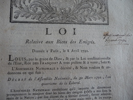 Loi Relative Aux Biens Des Emigrés Paris 08/04/1792 8 Pages - Decrees & Laws