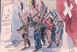Jugendaktionen Des Schweizerischen Ski-Verbandes, Skieurs Et Drapeaux, Litho, Illustrateur Jaton (542) 10x15 - Risch-Rotkreuz