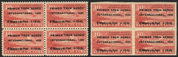 CUBA: Sc.C16 + C17, 1935 Primer Tren Aéreo Internacional, Perforated And Imperf Blocks Of 4, MNH, VF Quality - Aéreo