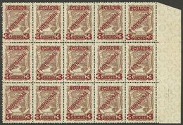 ECUADOR: Yvert 5, 1928 3S. On 60c. Light Chestnut, Fantastic Block Of 15 Stamps, MNH (4 Stamps With Hinge Reinforcing Th - Ecuador