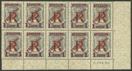 ECUADOR: Yvert 6, 1928 1S. On 20c. Gray, Large Corner Block Of 10 Stamps, MNH Perfect And Very Fresh (one Example With L - Equateur