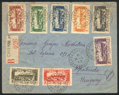 FRENCH GUIANA: 28/MAY/1943 Cayenne - Uruguay, Registered Airmail Cover Franked With Complete Set Sc.C1/C8 (the 3Fr. Valu - Covers & Documents