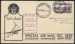 NEW ZEALAND: 12/DE/1933 Cover Carried On The First Auckland - Invercargill Non-stop Flight (arrival Backstamp), Franked  - Lettres & Documents