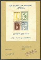 PERU: Yvert 2, 1956 Melbourne Olympic Games, With Variety: Red Overprint "AEREO" OMITTED In The 3 Stamps, Franking A Reg - Perú