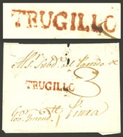 PERU: Folded Cover Sent To Lima With "TRUGILLO" Mark Perfectly Applied In Rust Red, Minor Faults, Rare!" - Perù