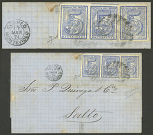 URUGUAY: Yvert 30A, 1866 Figures 5c. Imperforate, ULTRAMARINE, Pair + Single Franking A Folded Cover Sent From Montevide - Uruguay