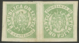 URUGUAY: Yvert 20a, 1864 8c. Green, TETE-BECHE Pair, Mint Without Gum, VF And Rare, Signed By Diena On Back - Uruguay