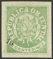 URUGUAY: Yvert/Sc.25, 1866 Escudito Overprinted 10c. With VARIETY: Overprint Incomplete (right "10" Missing), Mint Witho - Uruguay