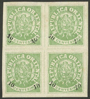 URUGUAY: Yvert 25 (Sc.25+25c), 1866 Escudito Overprinted 10c., Block Of 4, One With DOUBLE OVERPRINT, Mint Without Gum,  - Uruguay