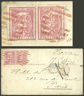 URUGUAY: Cover Sent To France Franked With Pair Sc.38 (20c. Rose Of 1866/7) With Red Mute Cancel, Along Datestamp Of Mon - Uruguay