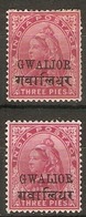 INDIA - GWALIOR 1899 3p UNLISTED SMALL 'A' IN OVERPRINT + A NORMAL FOR COMPARISON MOUNTED MINT - Gwalior