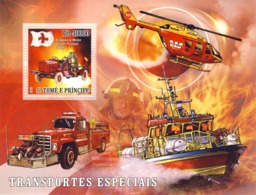 S. TOME & PRINCIPE 2007 - Special Transport (Fire Rescue Ship, Car, Moto, Helicopter) S/s - YT 406, Mi 3079/BL600 - Sao Tome And Principe