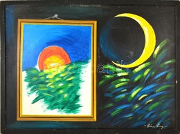 Róna Jelzéssel: Hold és A Nap. Olaj, Farost, Keretben, 53×73 Cm - Sonstige & Ohne Zuordnung