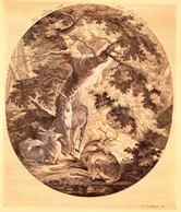 1740 Johann Elias Ridinger (1698-1767): 'Sol Mediam Coeli Terit Arduus Arcem', Szarvasok, Rézmetszet, Papír, üvegezett F - Prenten & Gravure