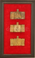 Cca 1900 3 Db Orthodox Utazó Triptychon, Réz, Fa Keretben, 7×9,5 Cm - Altri & Non Classificati