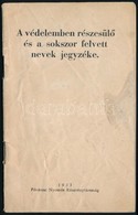 1933 A Védelemben Részesülő és A Sokszor Felvett Nevek Jegyzéke, 39p - Zonder Classificatie
