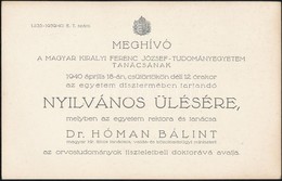 1940 Dr. Hóman Bálint Tiszteletbeli Doktorrá Avatására Szóló Meghívó - Non Classificati