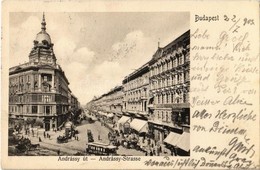 T2 1903 Budapest VI. Andrássy út, Villamos Lustig Reklámmal, Hunnia Biztosító, Deutsch Karol üzlete, - Ohne Zuordnung