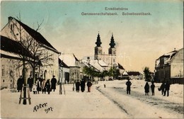 T2 1908 Erzsébetváros, Dumbraveni; Genossenschaftsbank / Szövetkezeti Bank, Utcakép Télen, Templom. Adler Fényirda / Coo - Zonder Classificatie