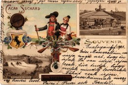 * T2 1901 Schaffhouse, Souvenir Cacao Suchard, Chute Du Rhin / Swiss Chocolate Advertisement, Coat Of Arms And Folklore. - Non Classés