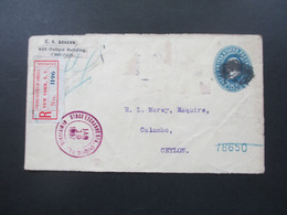 USA 1907 Registered Mail New York Exchange Und Violetter Stp. Stock Exchange Chicagi ILL. Nach Ceylon!! über London - Brieven En Documenten