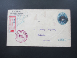 USA 1907 Registered Mail New York Exchange Und Violetter Stp. Stock Exchange Chicagi ILL. Nach Ceylon!! über London - Storia Postale