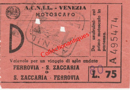 Ticket D'embarquement ACNIL Venise Bateau à Moteur Ligne Ferrovia San Zaccaria Années 60 - Europe