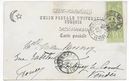 TURQUIE - 1901 - SAGE Sur CARTE De CONSTANTINOPLE BUREAU FRANCAIS => FONTENAY LE COMTE - 1877-1920: Semi Modern Period