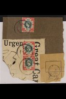 RAILWAYS Great Britain 1911, KEVII 1s Dull Green And Carmine X 3 Examples Tied To Large Fragment Of Railway Parcel Label - Unclassified