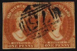 TASMANIA 1857-67 Imperf 1d Pale Red Brown Pair, SG 26, 3 Clear Margins, Fine Used. For More Images, Please Visit Http:// - Altri & Non Classificati