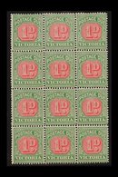 VICTORIA POSTAGE DUE 1895-6 1d Pale Scarlet & Yellow-green, BLOCK OF TWELVE (3x4), SG D12a, Never Hinged Mint, Few Minor - Other & Unclassified