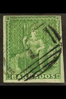 1852 (½d) Yellow Green On Blue Paper, Britannia, SG 1, Superb Used With Clear To Huge Margins, Bright Colour And Light B - Barbados (...-1966)