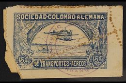 1920-21 SCADTA - DRAMATIC PERFORATION ERROR 15c Blue Hydroplane (Scott C13, SG 13, Michel 2), Used Example On Small Piec - Kolumbien