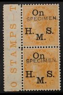 OFFICIALS 1874-82 2a Orange With "SPECIMEN" Overprint, SG O33as, Very Fine Mint Marginal Vertical PAIR With Gutter Margi - Other & Unclassified