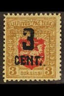 1922 (OCT) 3c On 3a Carmine And Brown, New Currency Surcharge, SG 159 Or Michel 152, Very Fine Mint. For More Images, Pl - Lithuania