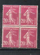 FRANCE N° 190 20C LILAS ROSE TYPE SEMEUSE CAMEE PAPIER JAUNATRE + ABSENCE DE SGNATURE BLOC DE 4 NEUF SANS CHARNIERE - Ongebruikt